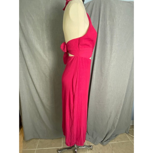 Lovers + Friends Hot Pink Crinkle Halter Cutout Ring Midi Dress Size S - Picture 4 of 11
